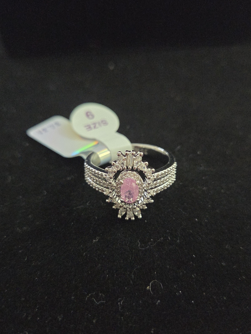 Silver-Tone Pink Oval Halo Ring for Women